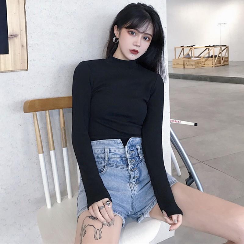 Áo thun dài tay cổ lọ màu trơn đơn giản phong cách Hàn Quốc