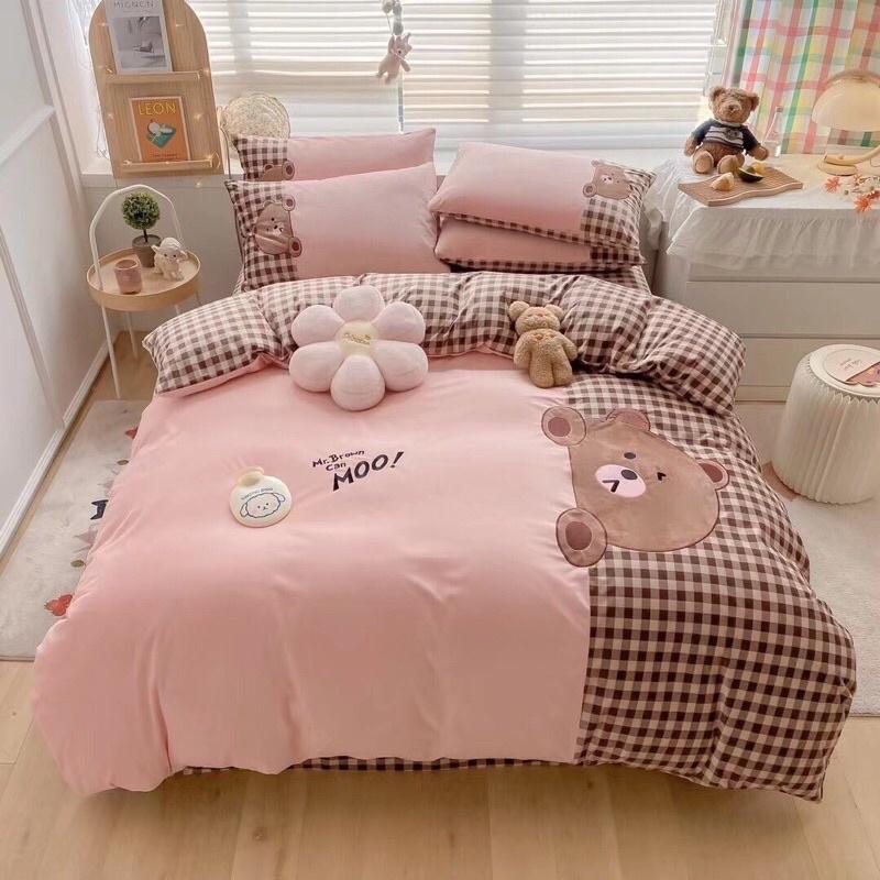 BỘ CHĂN GA GỐI NỈ SỮA GẤU TEDDY PHỐI KẺ DỄ THƯƠNG