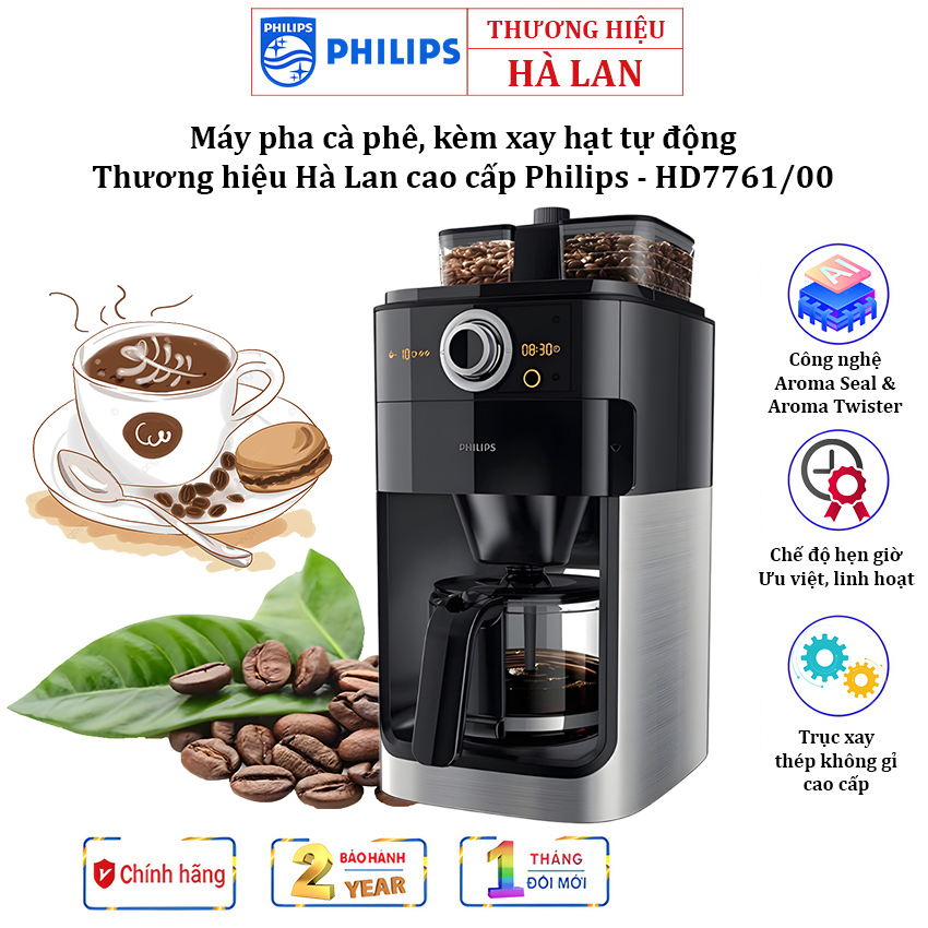 Máy pha cà phê, kèm xay hạt tự độn Philips Thương hiệu Hà Lan cao cấp HD7761/00 - Bảo Hành 24 Tháng, Hàng Nhập Khẩu