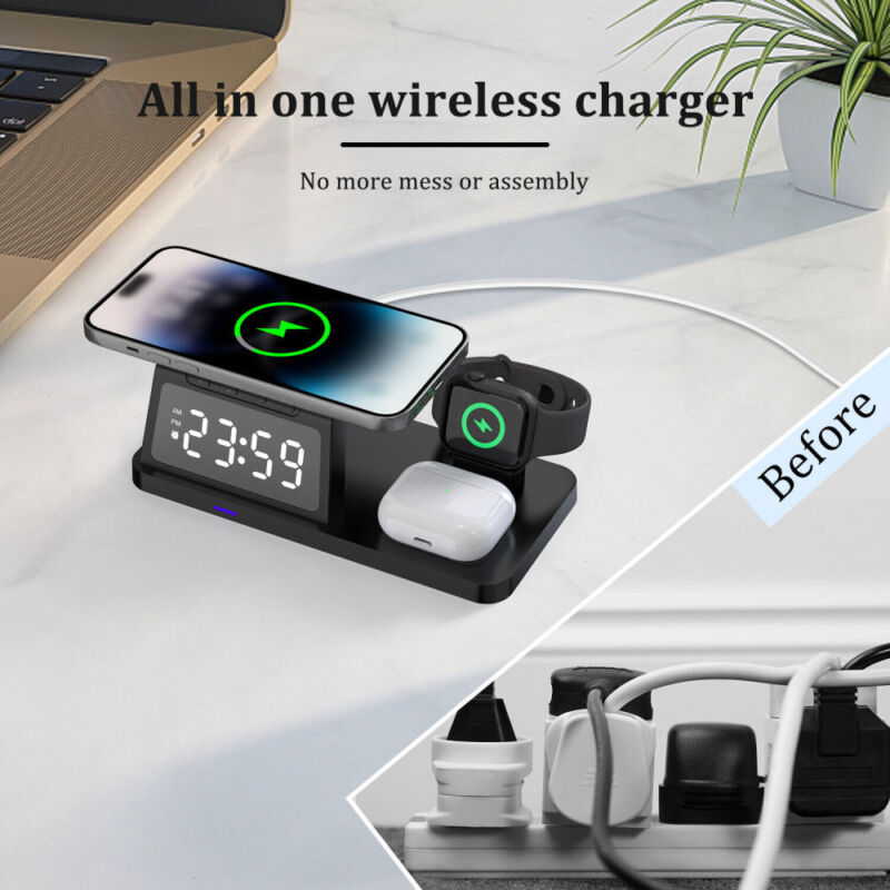 Trạm sạc không dây, đồng hồ để bàn 4in1 Wireless Charger Fast Charging Station