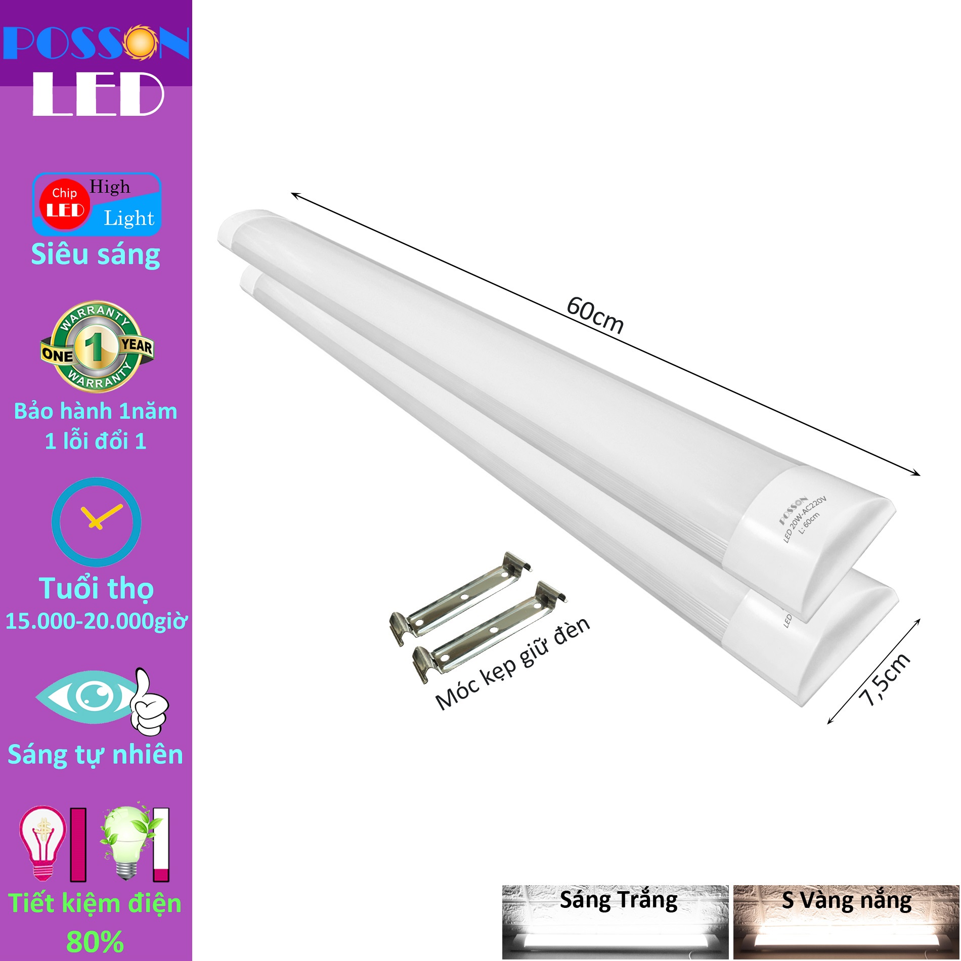 2 Đèn Led bán nguyệt 60cm 20w tuyp Led 0,6m siêu sáng tiết kiệm điện Posson LTC06-20x