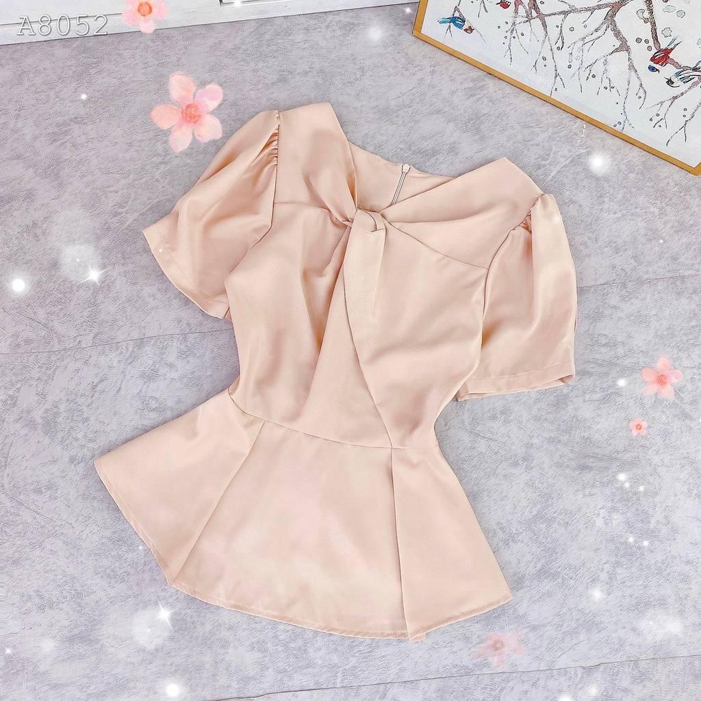 Áo sơ mi kiểu nữ peplum kate lụa CỔ XOẮN NGỰC và chun lưng giấu bụng hiệu quả