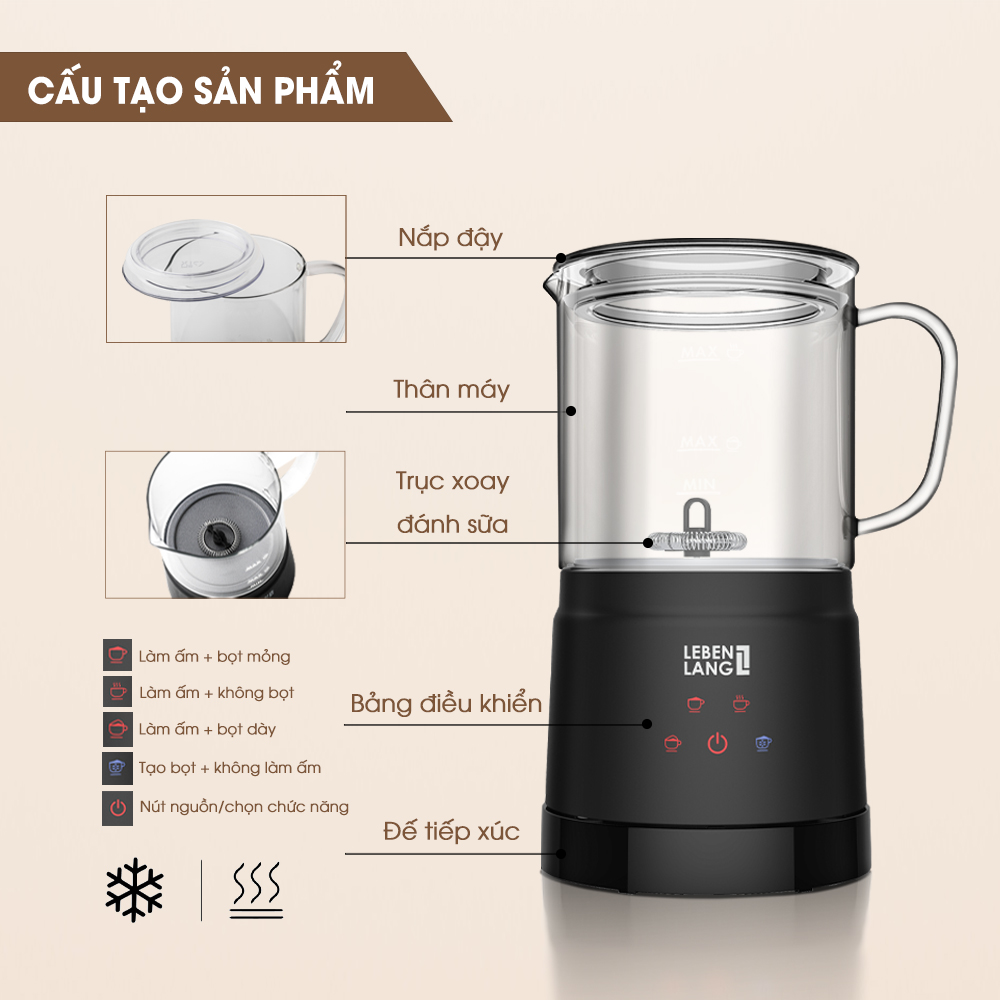 [Nhập CECAMP30KD5 giảm 30K] Máy đánh bọt cà phê, tạo bọt sữa LEBENLANG LBL3086, dung tích 400ml, 4 chế độ nóng lạnh , bảo hành 2 năm - hàng chính hãng