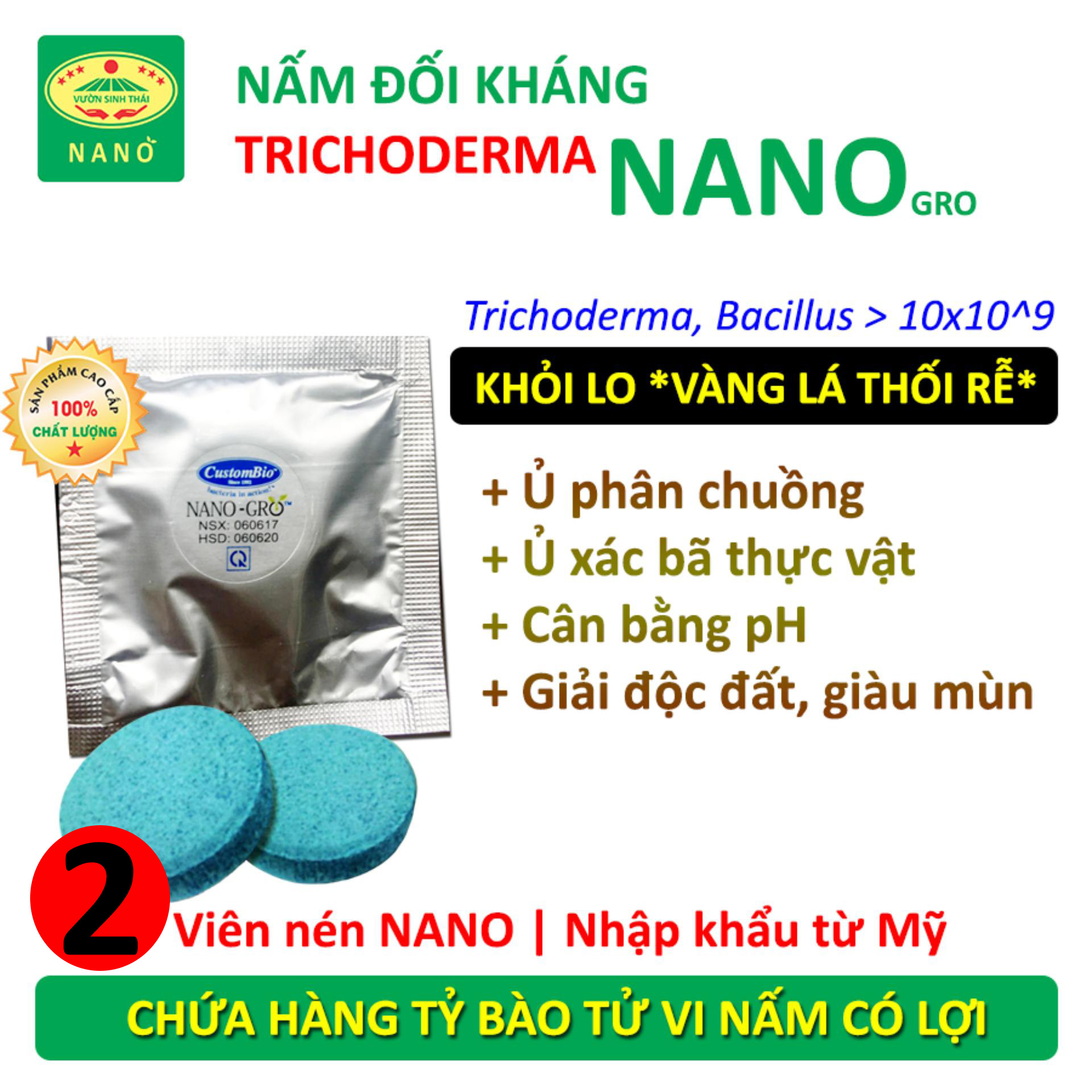 2 viên Chế phẩm vi sinh NANO-GRO. Trichoderma Bacillus cực mạnh. Ngặn chặn nấm bệnh vàng lá thối rễ. Nhập khẩu Hoa Kỳ