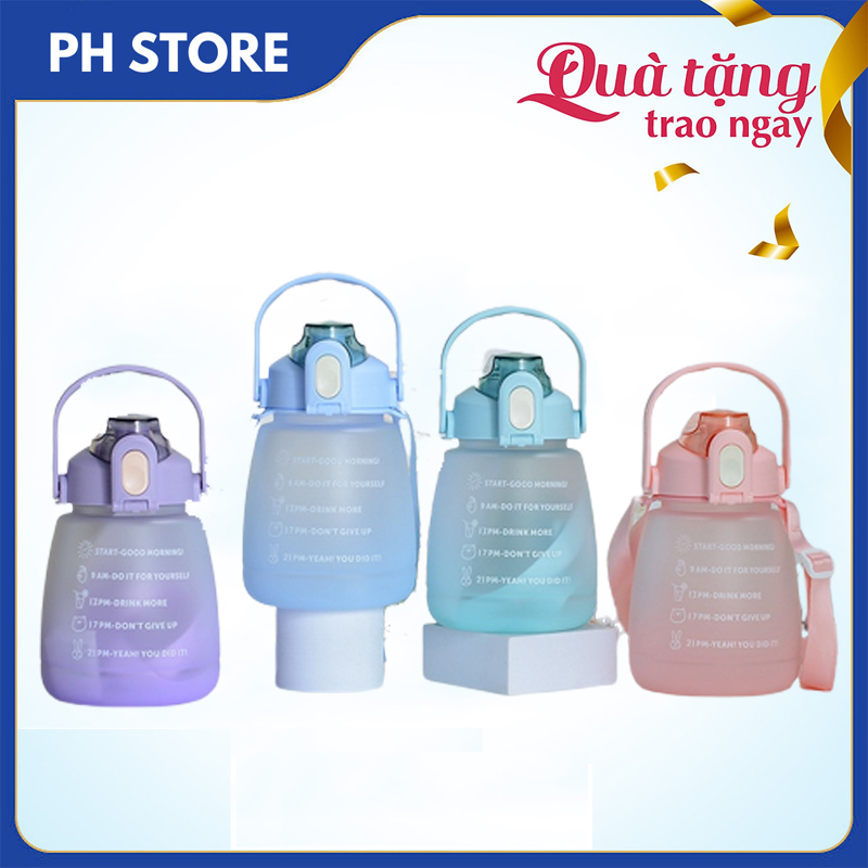 Bình Nhắc Uống Nước, Dung Tích 1200ml, Thiết Kế Bắt Mắt, Có Chia Vạch Thời Gian Nhắc Uống Nước, Kèm Ống Hút Và Dây Đeo Tiện Dụng