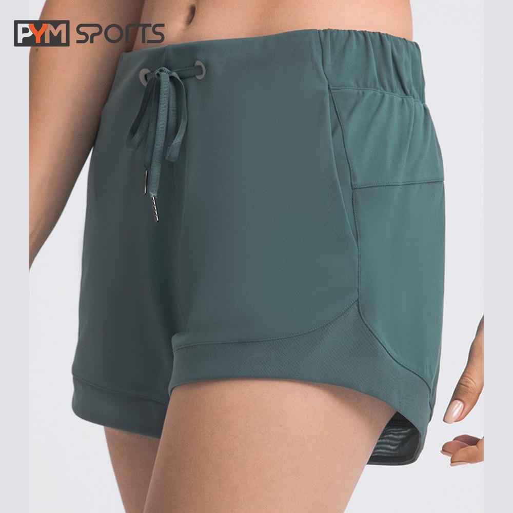 Quần short ngắn tập Yoga - Gym PYMSPORT - PYMQT011, 1 lớp,màu trơn cạp chun có dây rút - 4 màu đen, tím, xanh, ghi đen