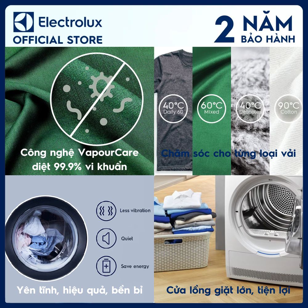 [Giao lắp 0Đ] Máy giặt cửa trước Electrolux 10kg EWF1025DQWB Công nghệ VapourCare diệt 99.9% vi khuẩn và chất dị ứng - Hàng chính hãng