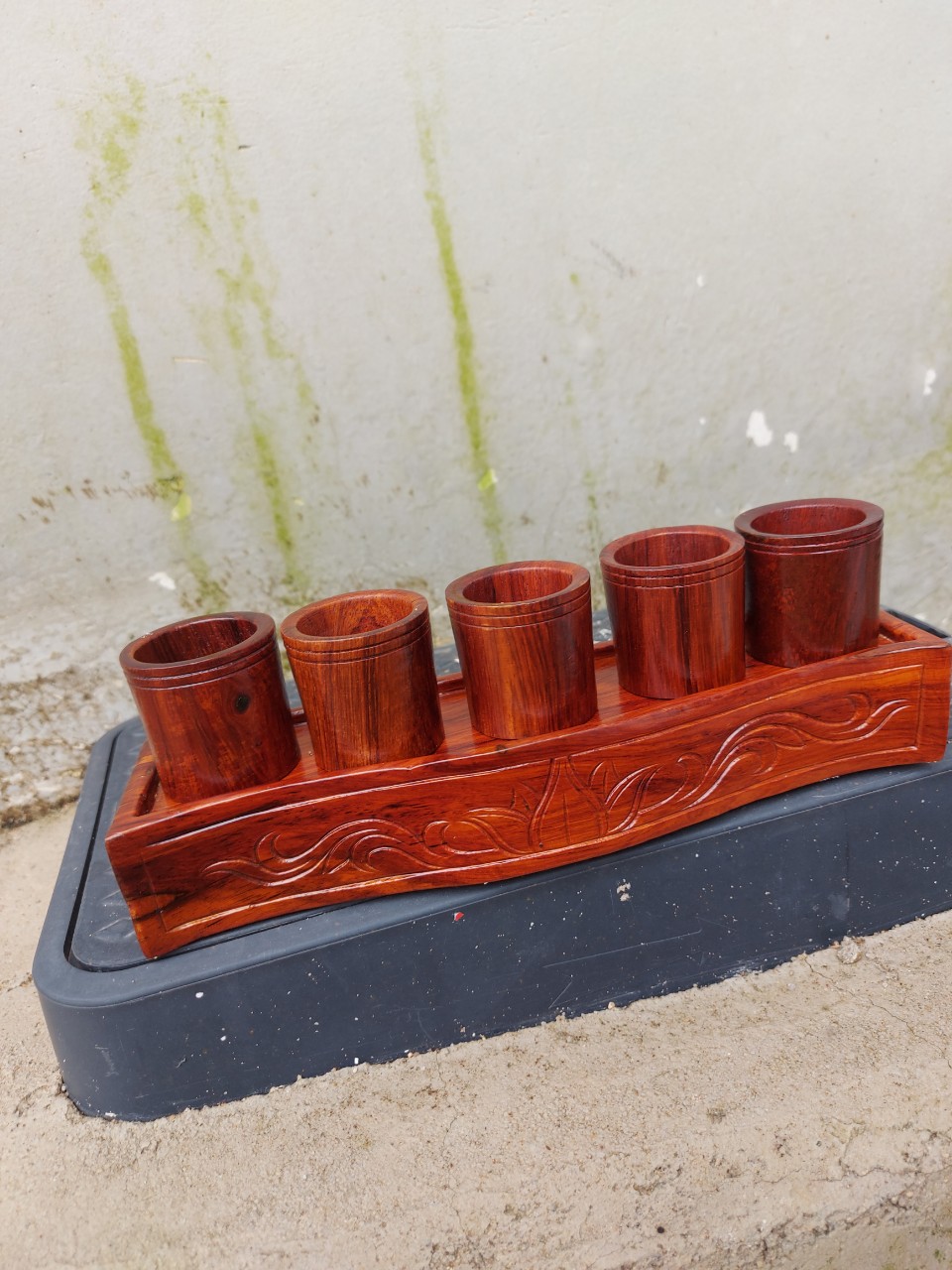 Bộ 5 ly nước thờ cúng gỗ hương mẫu mới đế chạm hoa sen cao cấp jY55