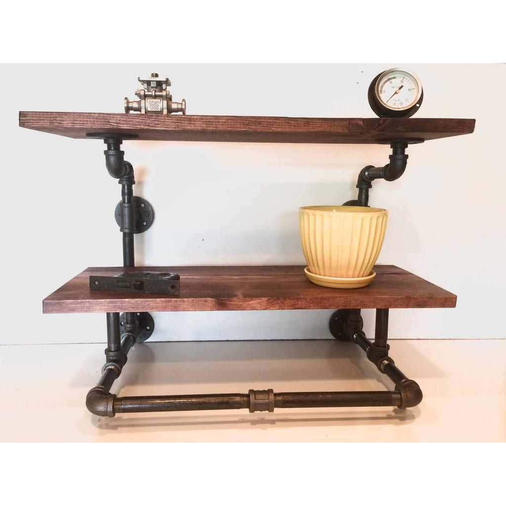 Kệ treo tường ống nước 2 tầng vintage, kệ ống nước cao cấp kiêm giá treo quần áo decor trang trí đẹp