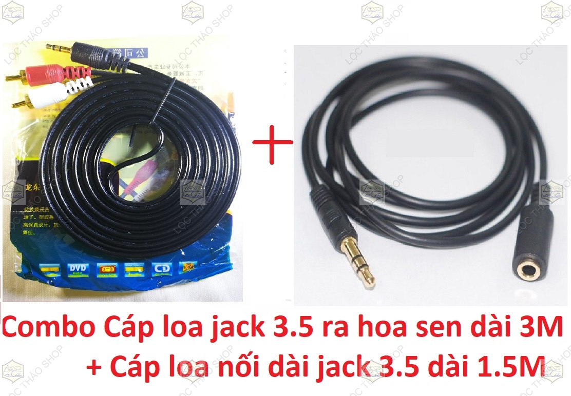 Combo Dây loa jack 3.5 ra 2 đầu hoa sen dài 3M và  1 Cáp nối dài jack 3.5 dài 1.5M