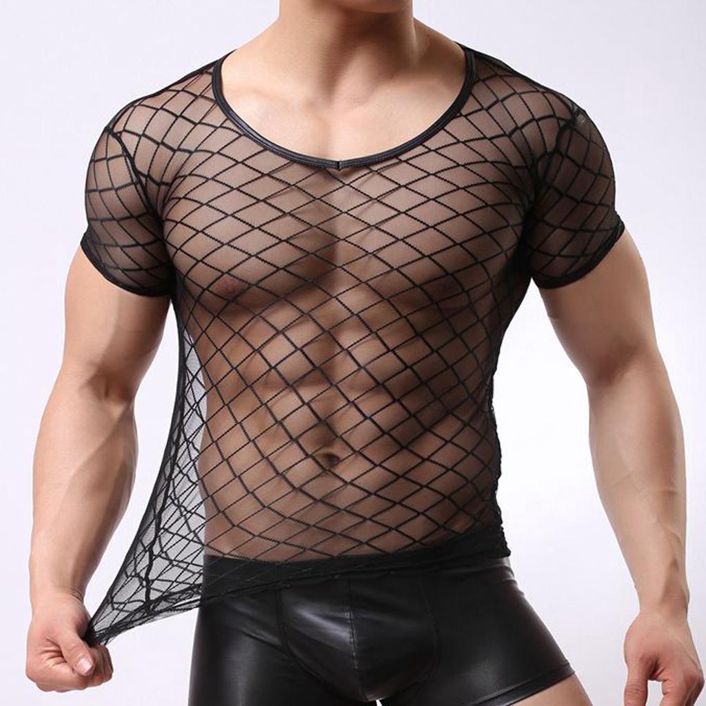 Men's Mesh Brief Sheer O-neck Short Sleeve Mesh T-Shirt Tops Set