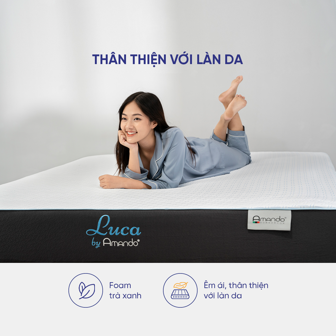 Nệm foam cao cấp cuộn hút chân không Amando Luca kết hợp Charcoal Gel và Green Tea êm ái mát lạnh khi nằm