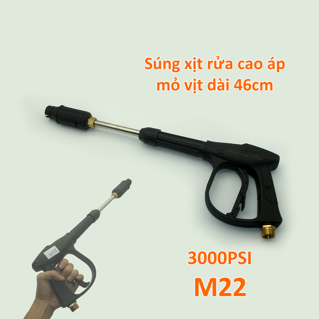 Súng xịt rửa cao áp 3000psi mỏ vịt chỉnh tia dài 46cm ren to M22, có thể tháo khớp nòng thành súng ngắn