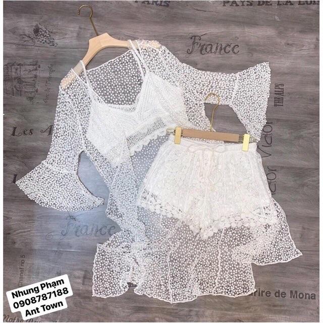 Set ren đi biển áo bra-áo choàng dài- quần sóc ren