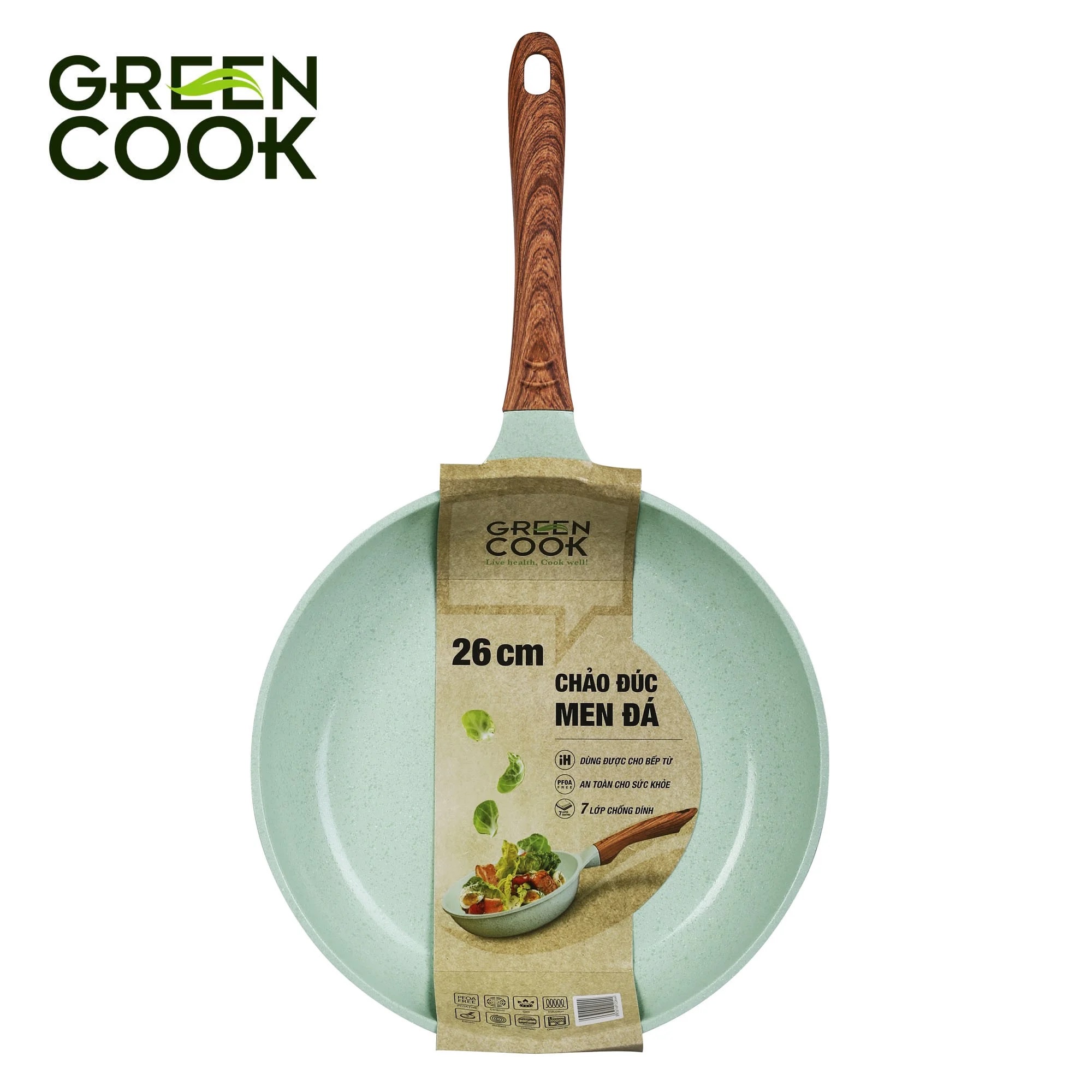 Chảo đúc chống dính 24cm sâu 6.2cm đáy từ 7 lớp men đá xanh ngọc sâu lòng Green Cook GCP06-24IH dùng cho mọi loại bếp