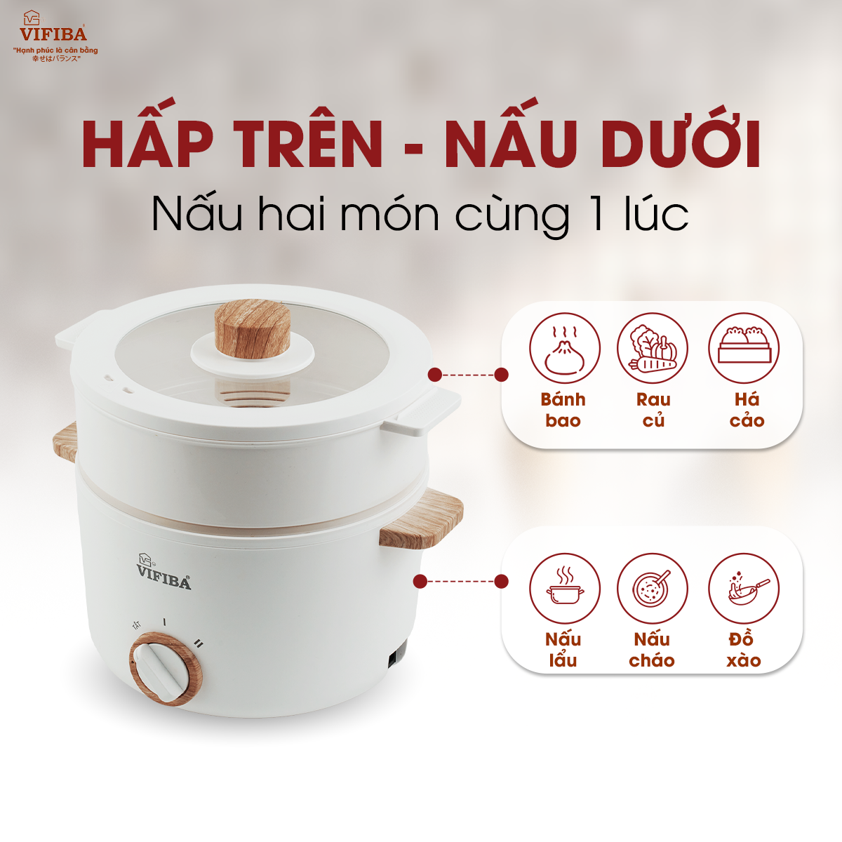 Nồi Lẩu Điện Siêu Tốc Đa Năng Vifiba Hàng Chính Hãng, Dung Tích 3L - Kèm Khay Hấp 2L, Công Suất 1000W, Tiết Kiệm Điện