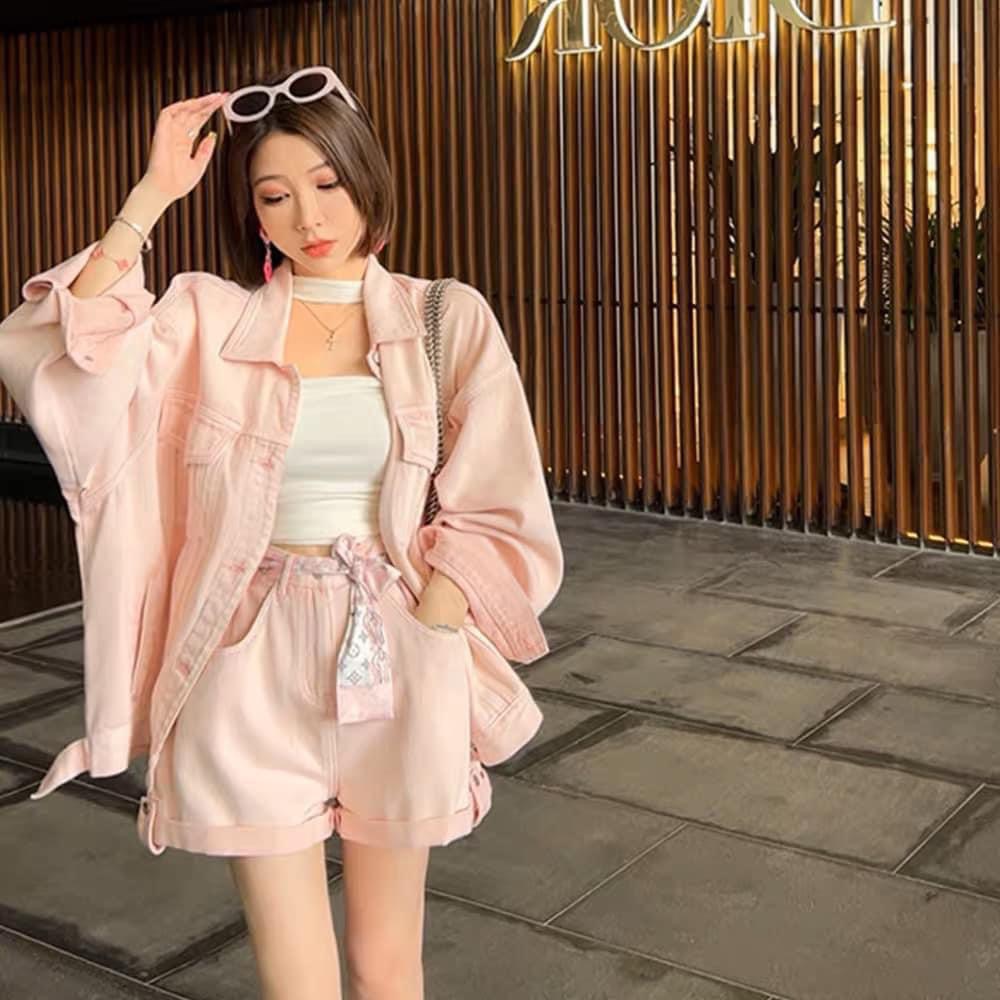 Set kaki hồng 3 món áo khoác dài tay áo 2 dây kèm quần đùi ulzzang
