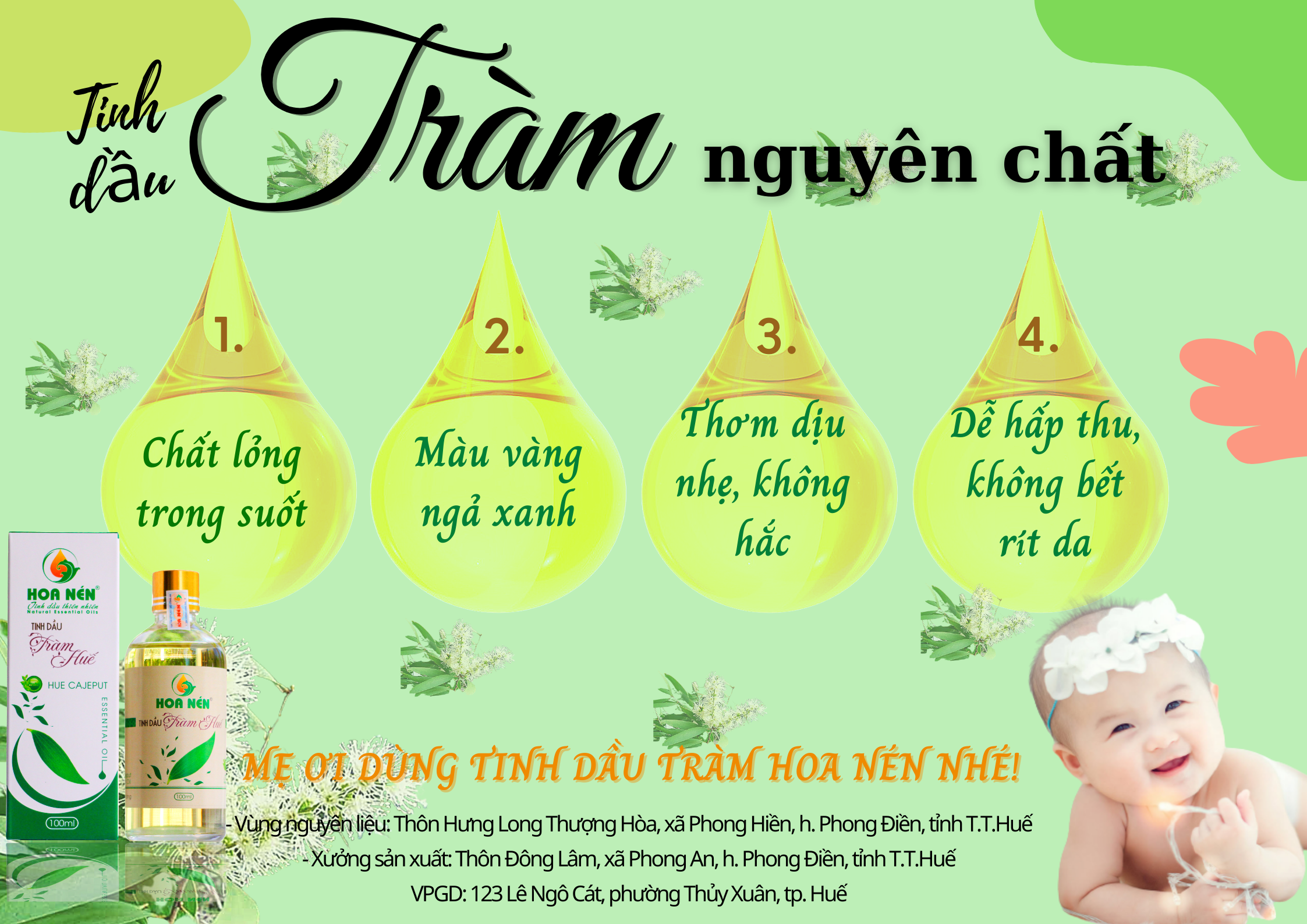 Tinh dầu tràm Huế nguyên chất Hoa Nén - Chuẩn VietGAP - Chăm sóc sức khỏe mẹ và bé 3ml - 100ml