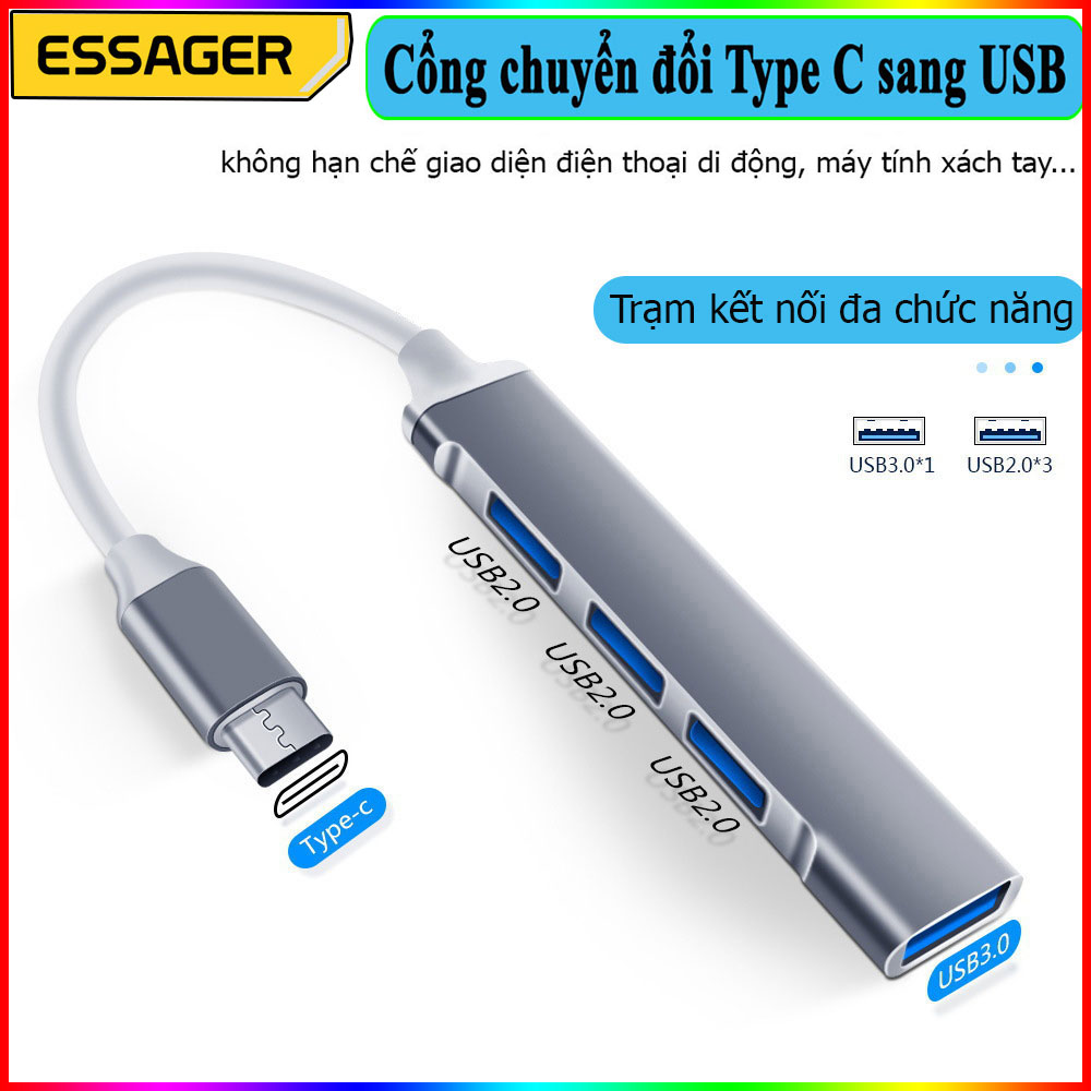 Bộ chia Hub Type C Sang 4 Cổng USB 3.0 và 2.0 ESSAGER .Hàng chính hãng