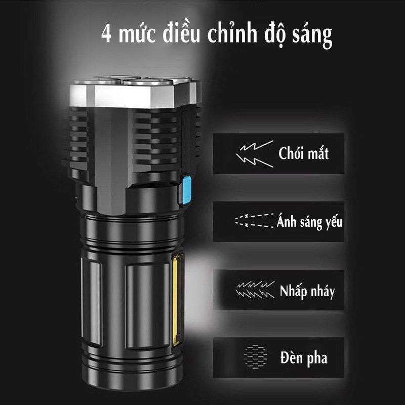 Đèn Pin Cầm Tay 4 Bóng Siêu Sáng Siêu Chiếu Xa, Nhiều Chế Độ, Có Đèn Led Hông - CH23