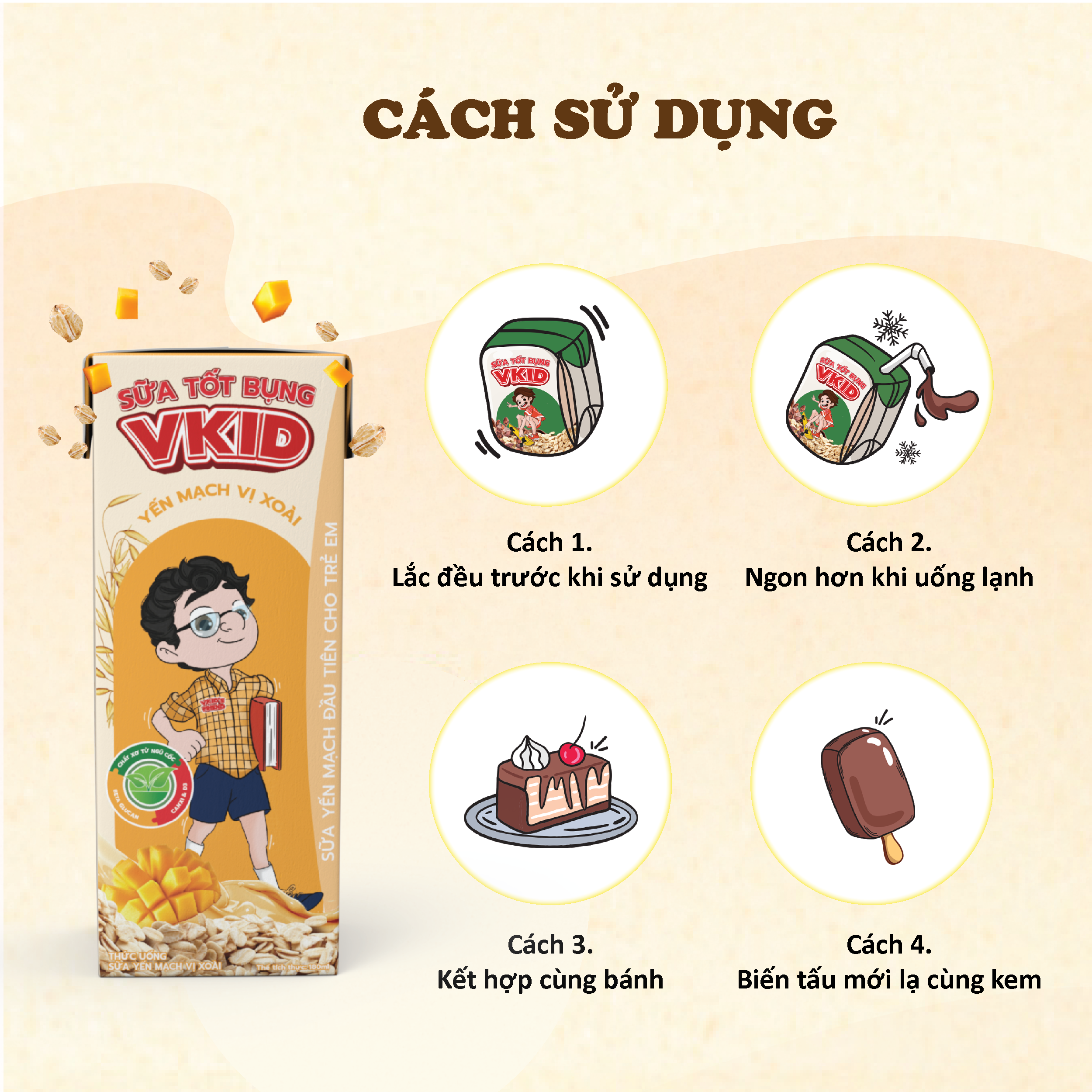 (Tặng 1 bình V-Kid) COMBO 2 Lốc 4 Hộp Sữa Yến Mạch V-Kid VIỆT NGŨ CỐC Vị Xoài 180ml/Hộp