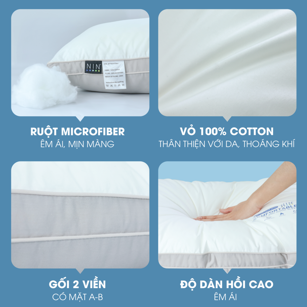 Gối khách sạn 5 sao, ruột gối đầu lông vũ nhân tạo microfiber Hotel Pillow NIN House 48x74cm cao cấp