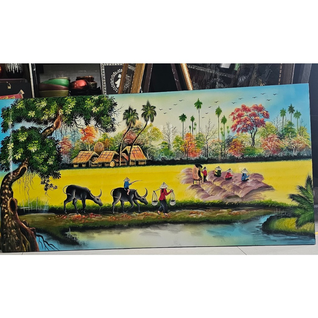 Tranh sơn mài đồng quê Thanh Bình Lê, hàng xuất khẩu 60x120 cm nhiều mẫu