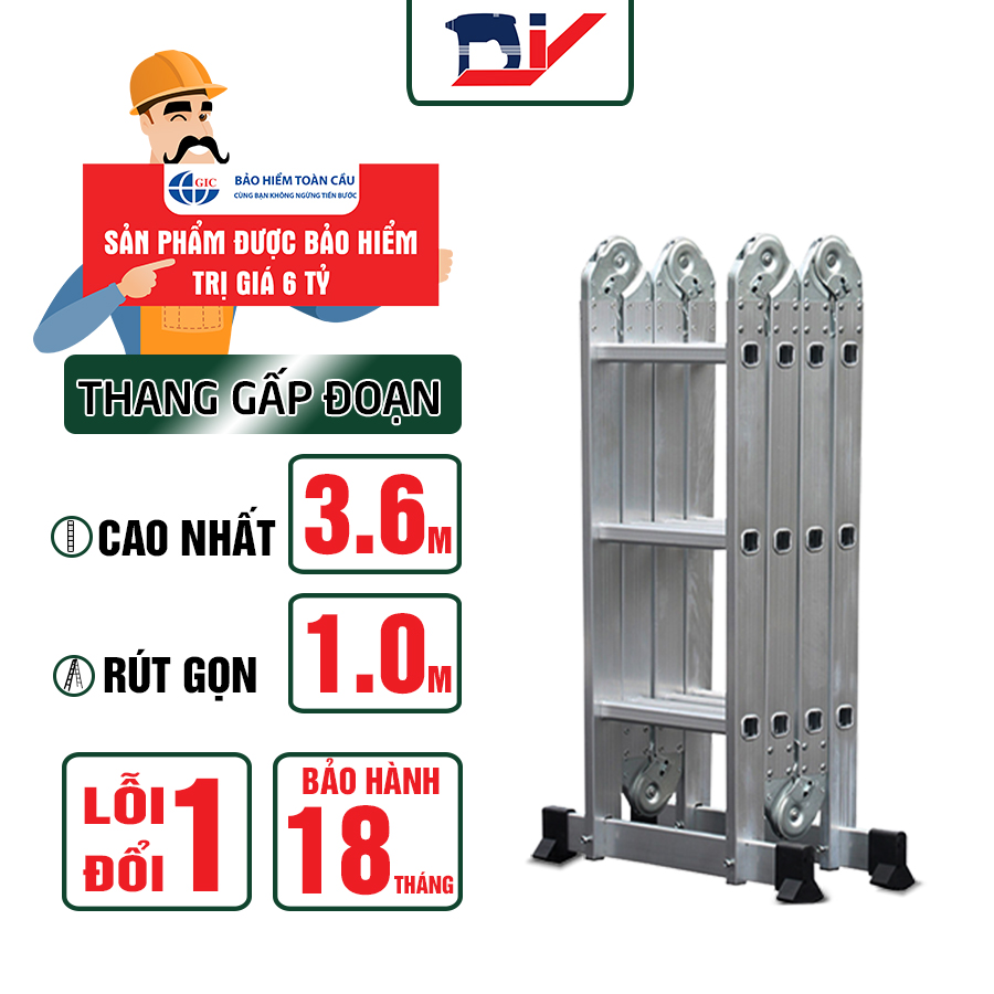 Thang nhôm gấp đoạn DIY TLG-3D chiều cao sử dụng tối đa chữ A 1.8m chữ I 3.6m - Tiêu chuẩn chất lượng an toàn Châu Âu