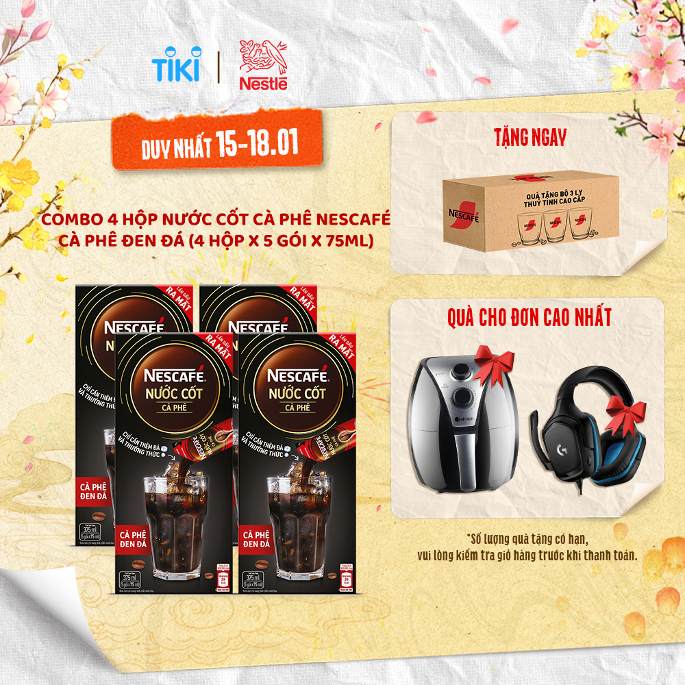 [Tặng 3 LY THUỶ TINH] Combo 4 hộp nước cốt cà phê NESCAFÉ - CÀ PHÊ ĐEN ĐÁ (4 hộp x 5 gói x 75ml)