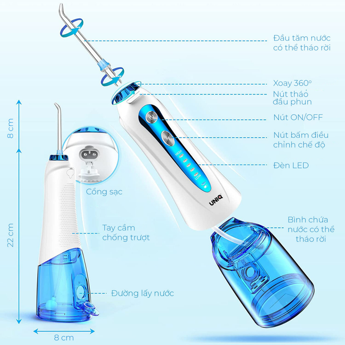 Tăm Nước Cầm Tay UNIQ Smile S1 Nhật Bản Cao Cấp Máy Vệ Sinh Răng Miệng Mini Tốt May Tam Nuoc Waterpik Gia Đình Không Dây Xịt Xỉa Rửa Làm Sạch Kẽ Răng Niềng Dụng Cụ Cạo Lưỡi Nhập Khẩu Bảo Hành Chính Hãng 12 Tháng