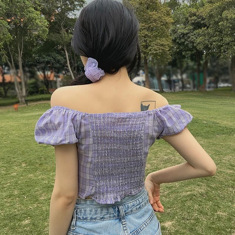 Áo kiểu tay ngắn cổ vuông kẻ sọc caro phối nút đơn giản