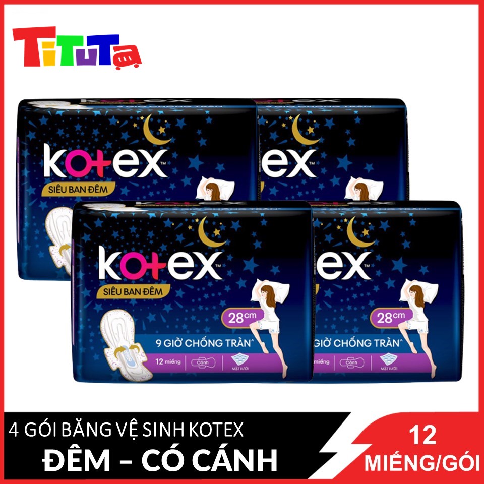 Combo 4 Băng Vệ Sinh Có Cánh 28cm Kotex Siêu Ban Đêm 9 Giờ Chống Tràn 12 miếng