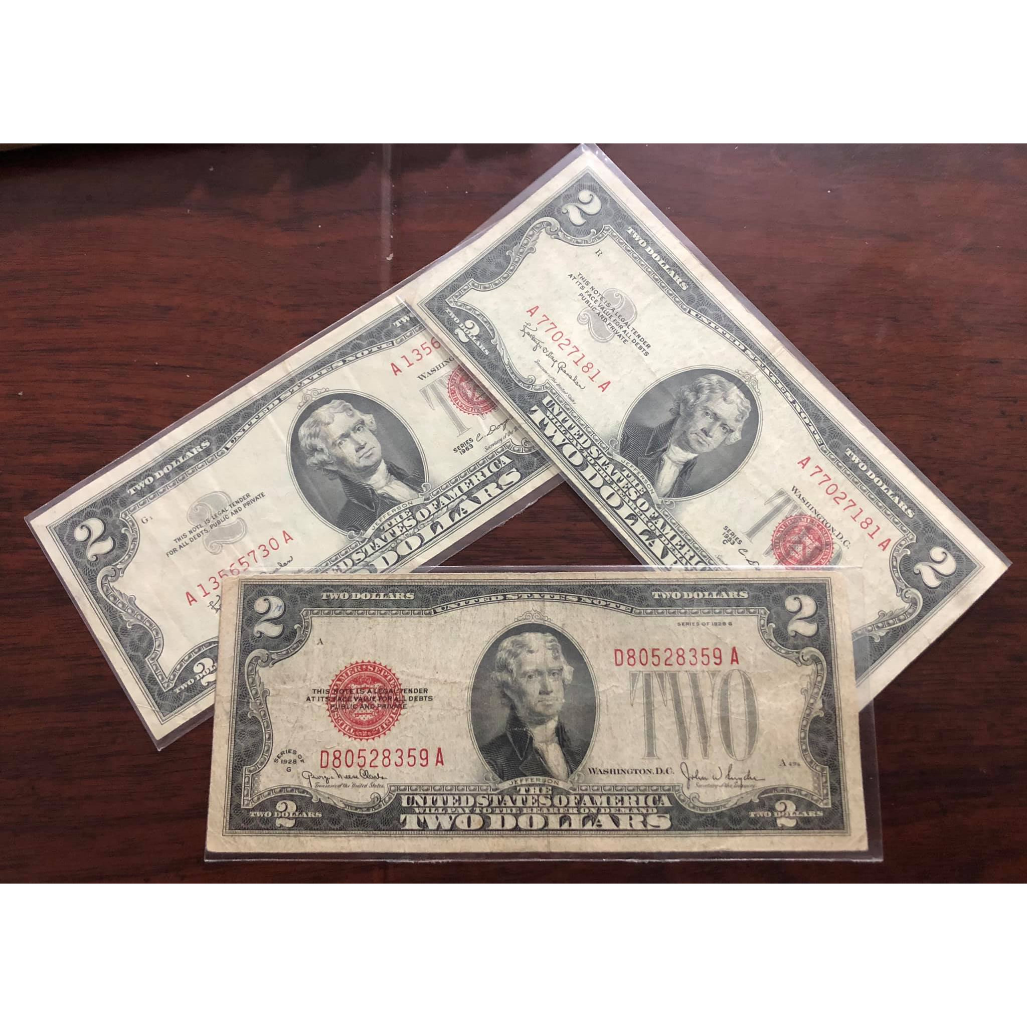 Bộ 2 dollars mộc đỏ 3 tờ 1963, 1953, 1928 sưu tầm