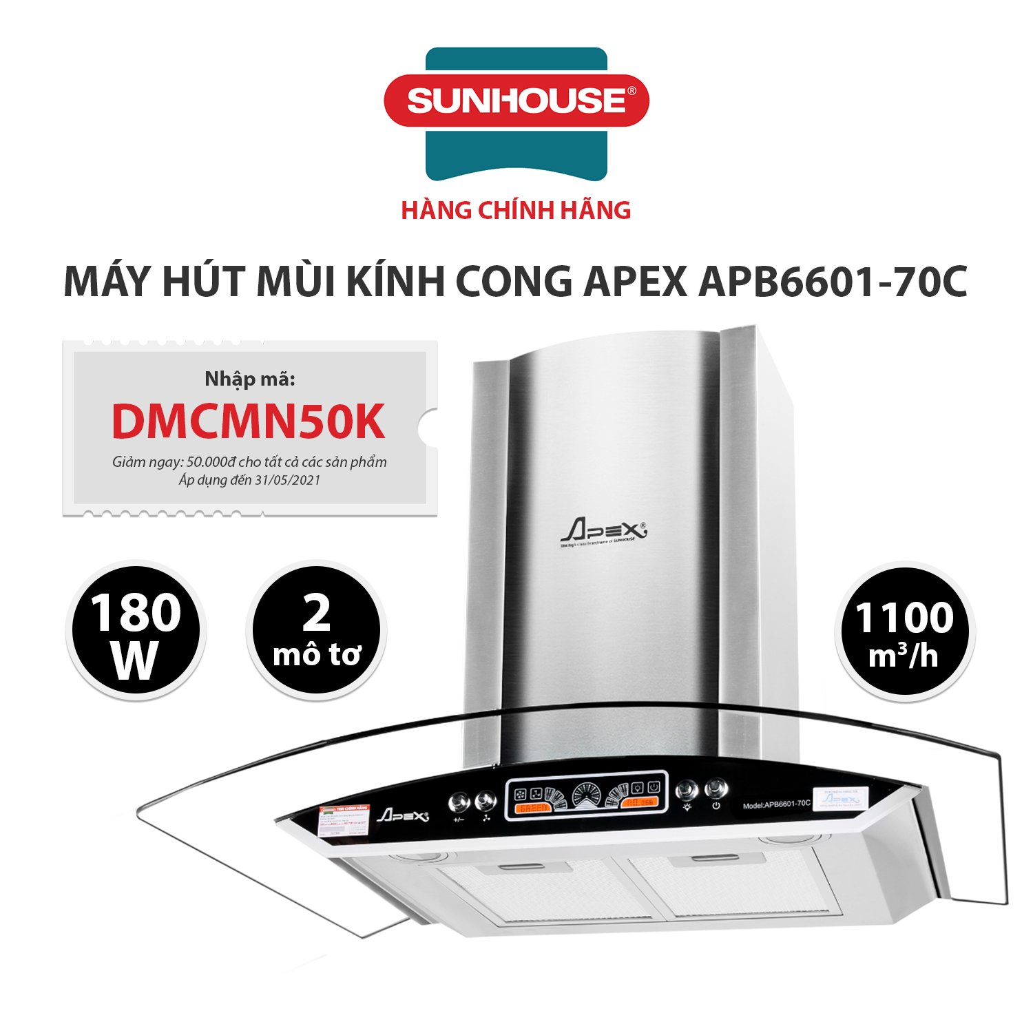 Máy hút mùi kính cong Sunhouse Apex APB6601-70C - Hàng chính hãng