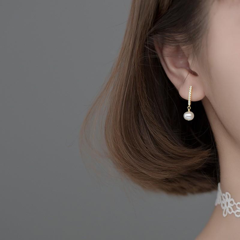Khuyên tai bạc Ý s925 thanh bạc xi vàng ngắn ngọc G8211 - AROCH Jewelry