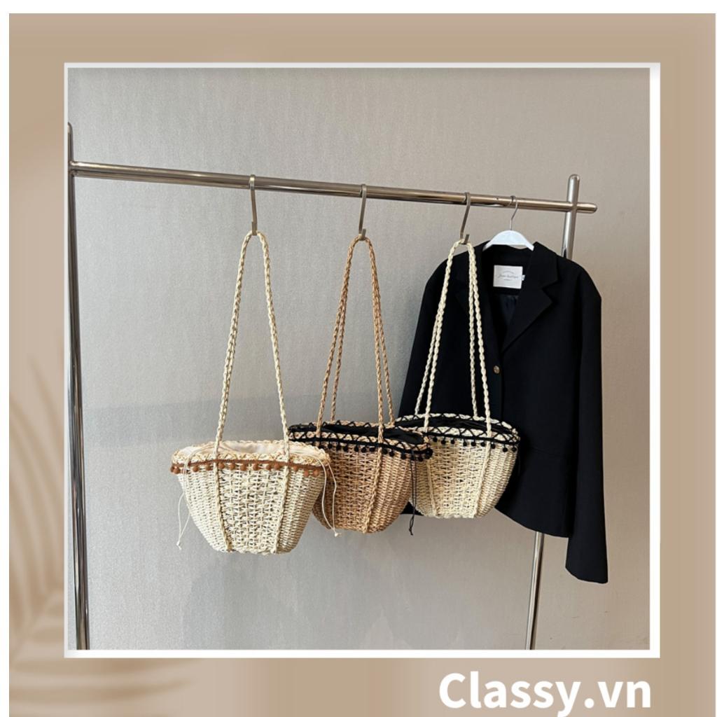 Túi cói Classy đi biển đính hoạ tiết bông gòn đen, kiểu dáng Vintage, có lớp lót trong rộng rãi T331