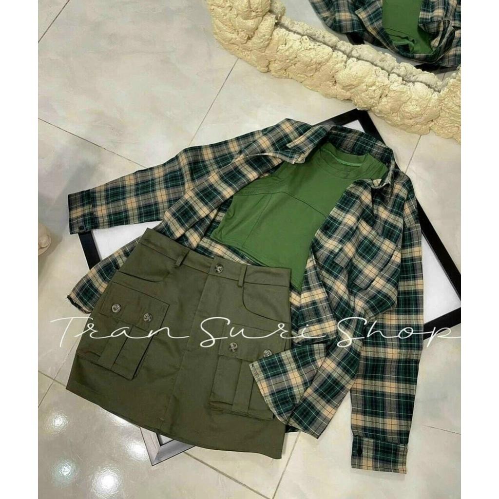 SET BỘ 3 MÓN ÁO BA LỖ CROPTOP MIX CHÂN VÁY KÈM ÁO KHOÁC SƠ MI CARO TAY DÀI CỰC NĂNG ĐỘNG