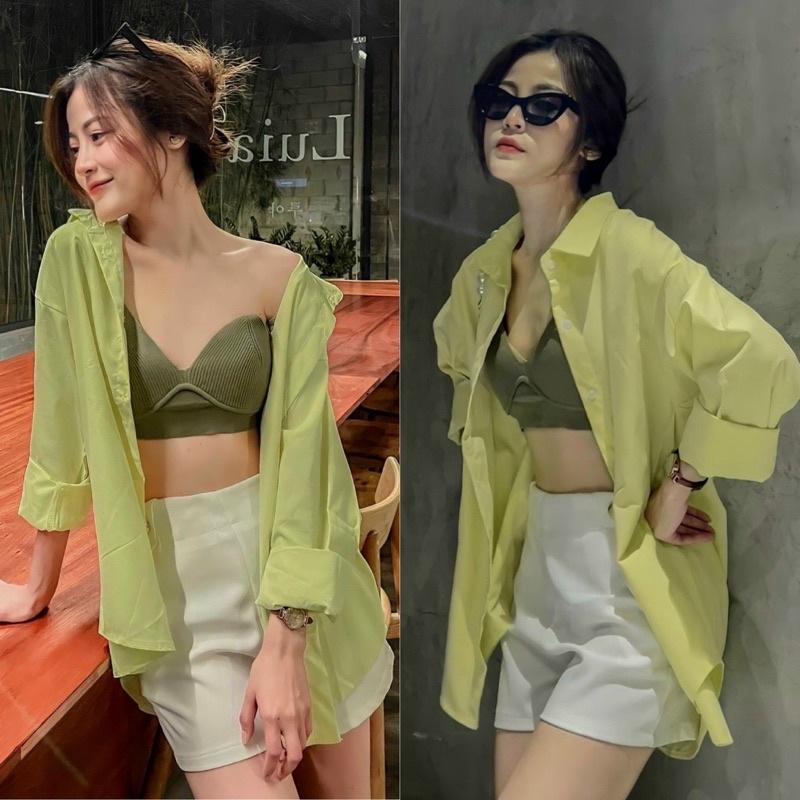 Áo Sơmi Mix Bra Kèm Short Sét Tông Xanh Trắng Siêu Xinh