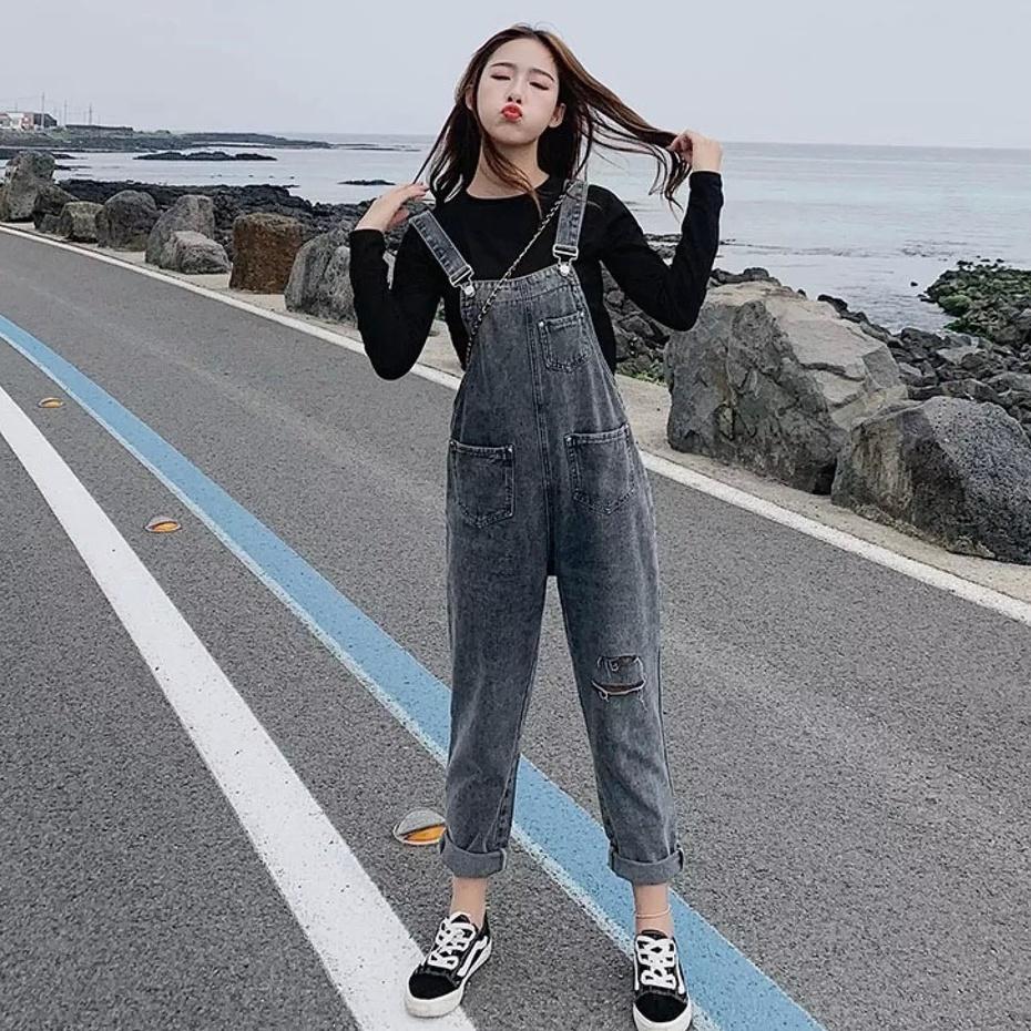 Yếm jean dài xám rách nữ - yếm bò ulzzang phong cách hàn quốc cao cấp BEN Shop0807 htb9