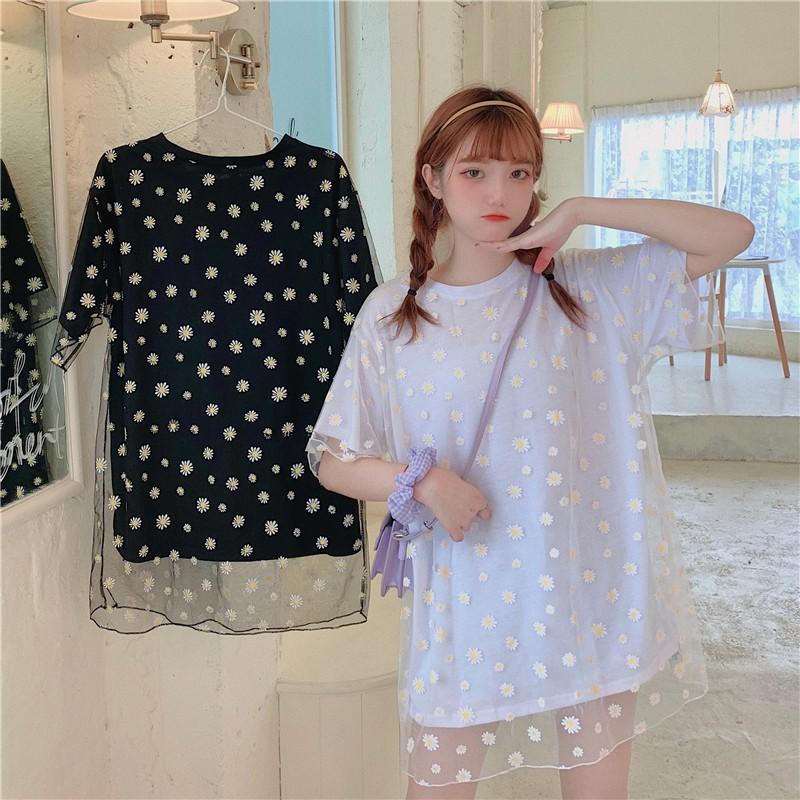Summer Women Short Sleeve O-Neck Printed Mesh Tee Tops T Shirt Loose Daisy Tops