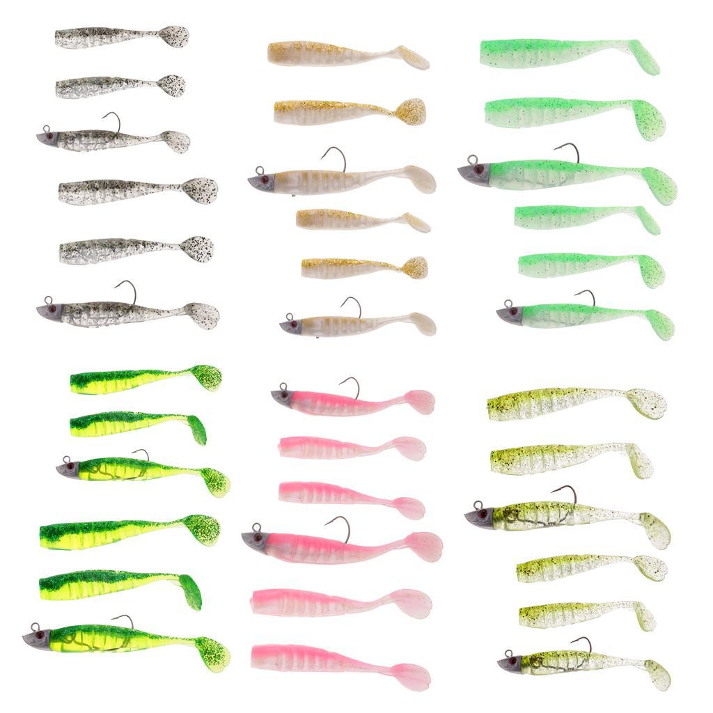 6pcs Shad Fishing Lure Soft Plastic Fish Bait Jig Head Swimbait Grub Worm
