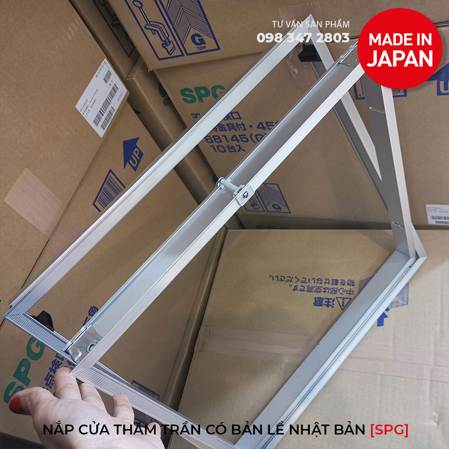 Nắp cửa thăm trần thạch cao 45x45cm SPG-68345 - Nhật Bản, Khung nhôm có bản lề mở thả xuống, sơn tĩnh điện màu Trắng.