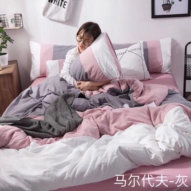 Bộ chăn ga gối cotton đũi phối màu 4 món