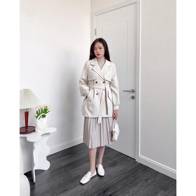 Áo khoác măng tô nữ 4 khuy dáng lỡ đai eo tay áo bo phồng 2 túi hông a877811 by germe