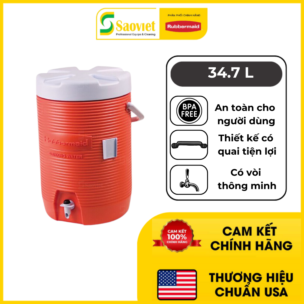 Thùng Đá Siêu Giữ Nhiệt RUBBERMAID Water Ice Chest Cooler 37.8L - SKU: FG16100111 | SAOVIETCO