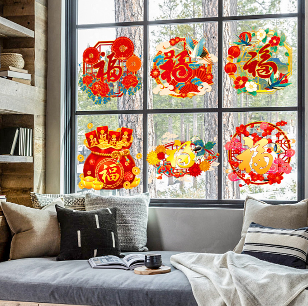 Decal trang trí Tết hít tĩnh điện - 6 bảng chữ phúc sang trọng