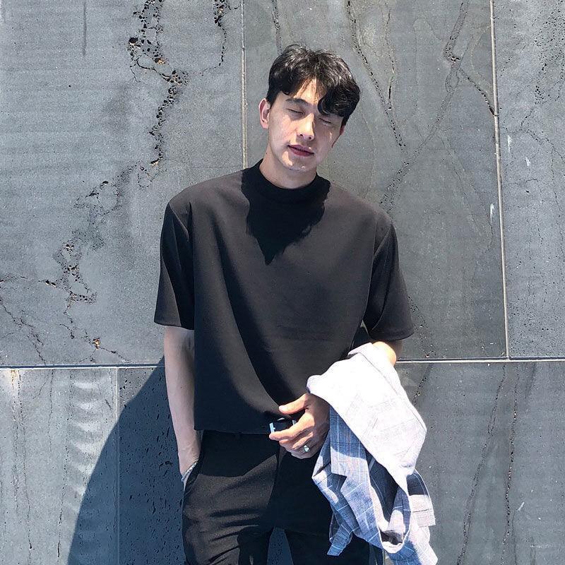 Áo thun nam trơn cổ cao mùa hè, phong cách trưởng thành nam tay lửng