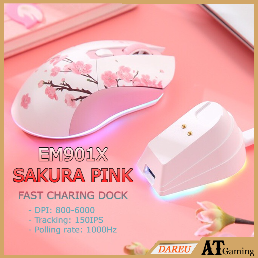 Chuột không dây Gaming DAREU EM901X RGB - SAKURA PINK ( SUPERLIGHT, FAST CHARING DOCK ) - Hàng chính hãng