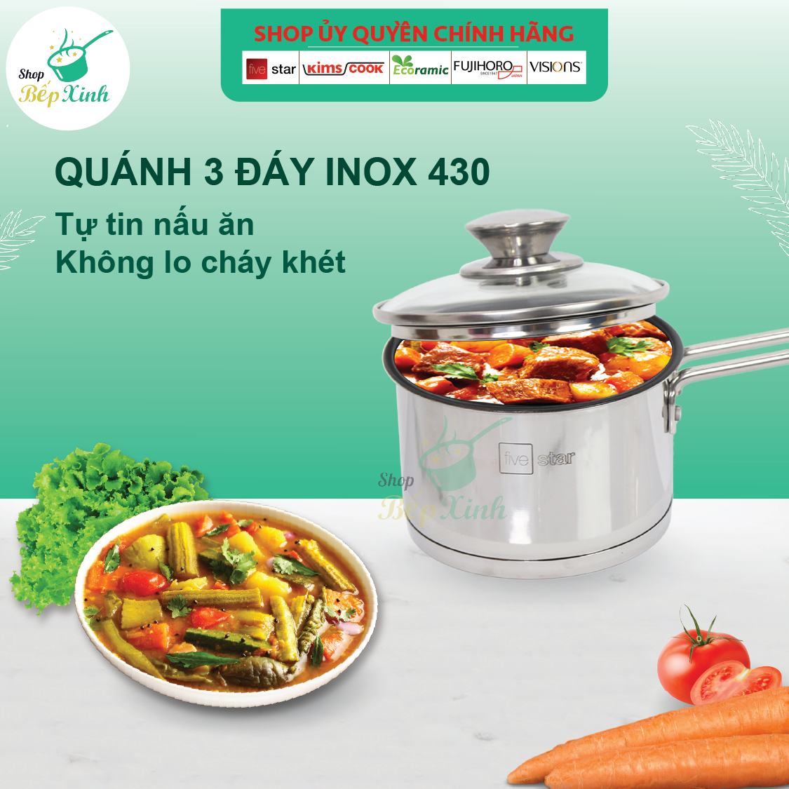 Quánh bột cháo 3 đáy inox 430 Fivestar Standard nắp kính dùng bếp từ (14cm)