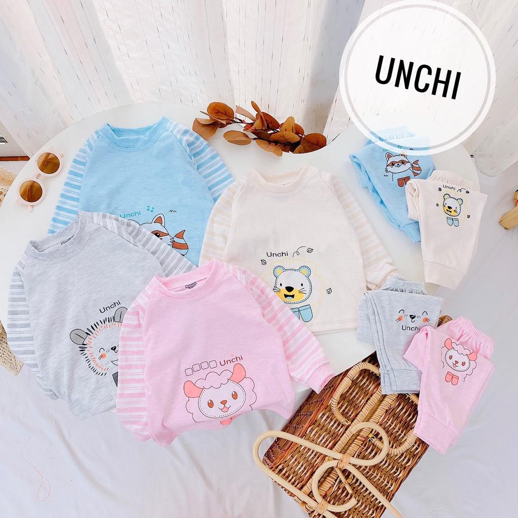 SET 2 Bộ Cotton Nỉ Dài Tay Kẻ Unchi In Hình Siêu Cưng Cho Bé - H2 - Xám-Hồng